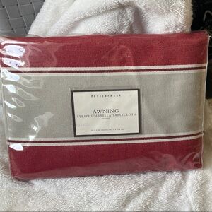 Pottery Barn burgundy & tan Striped Umbrella Tablecloth BRAND NEW 56.5” x 90”